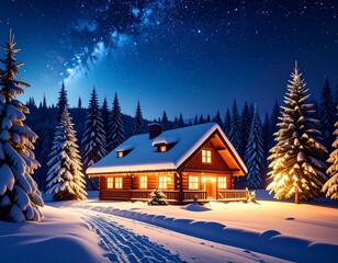 Cozy winter cabin nestled in snowy forest under starry night sky
