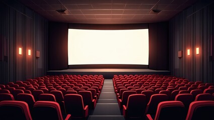 Fototapeta premium Empty Movie Theater with Red Seats and a Large Blank Screen Ready for a Film Screening or Presentation Event with Atmospheric Lighting