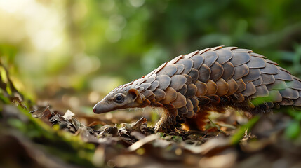Fototapeta premium Realistic photograph of a pangolin walking across forest floor