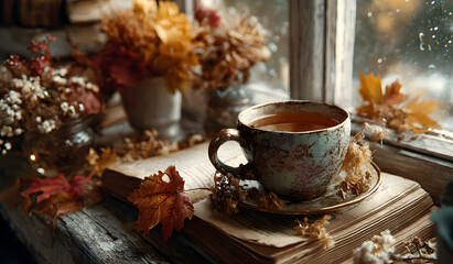 Fototapeta premium fall. cozy window with autumn leaves, book, mug of tea