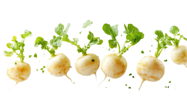 Falling yellow turnip fresh vegetables on white background PNG 