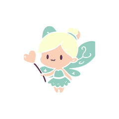 Cute fairy character holding a heart-shaped wand, surrounded by a whimsical background