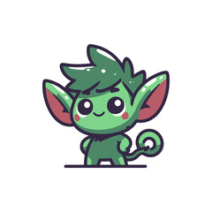 Cute green cartoon goblin character with large ears and a playful expression against a white background