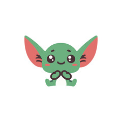 Cute green character with large ears sitting and smiling, showcasing a joyful expression