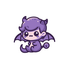 Cute purple cartoon character with bat wings sitting playfully against a white background