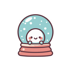Cute snow globe with a smiling character inside, surrounded by falling snowflakes, festive mood