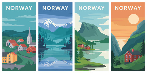 Norway travel posters with mountains lakes and charming villages vector illustration Scandinavian landscape inspiration for tourism and adventure