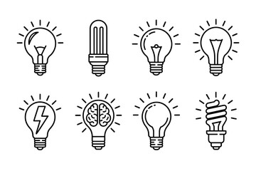 Collection of Light Bulb Icons Representing Ideas Innovation and Energy Efficiency in Modern Black and White Design