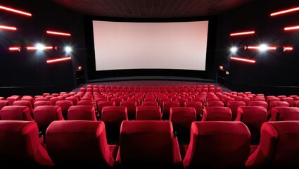 Grand cinema auditorium with red plush seating and a large blank screen ready for movie night experience showcasing entertainment venue with modern design