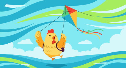 Illustration of a happy chicken flying a kite in a whimsical sky landscape
