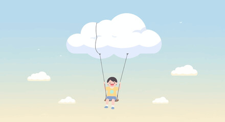 Illustration of a happy boy on a swing suspended from a cloud in a serene sky