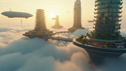 Cloudborne Cities — floating metropolises with crystalline architecture and sky bridges, ideal for sci-fi concept art, utopian urbanism projects, or high-tech fantasy game settings.