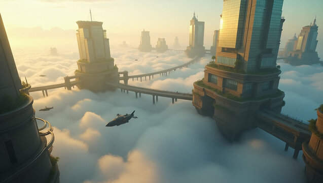 Cloudborne Cities — floating metropolises with crystalline architecture and sky bridges, ideal for sci-fi concept art, utopian urbanism projects, or high-tech fantasy game settings.