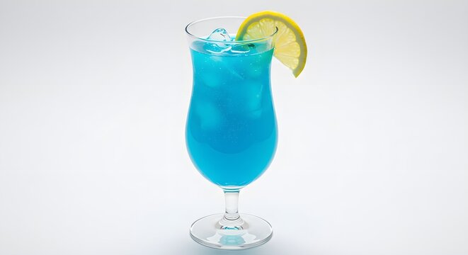 Blue drink shines with lemon garnish on white. Bright product photography, menu design, or summer poster.