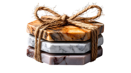 Elegant stacked hexagonal marble coasters tied with rustic twine, showcasing natural stone beauty for sophisticated home decor or bar settings. Isolated to Transparent Background
