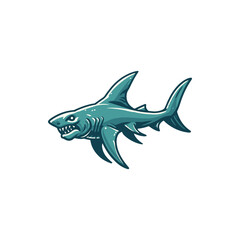 Stylized shark illustration swimming in clear blue waters, showcasing vibrant marine life and coral