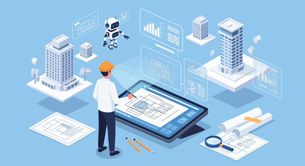 Isometric illustration of an architect using digital tools for building design innovation