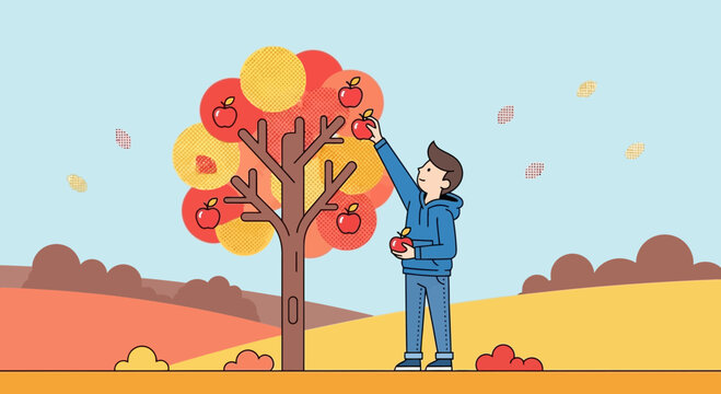 Illustration of a young man picking apples from a stylized tree during the autumn season landscape art