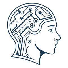 A profile of a human head with a brain made of lines and nodes, representing a thinking process, AI, or a digital mind.