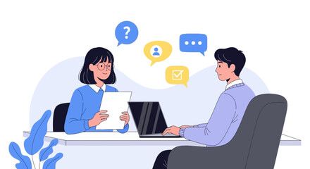 Job interview illustration portraying communication and decision-making process