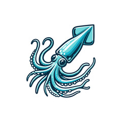 Vibrant illustration of a squid swimming gracefully in the ocean, surrounded by bubbles
