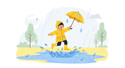 Joyful Boy With Umbrella Playing In Puddle On A Rainy Day Adventure