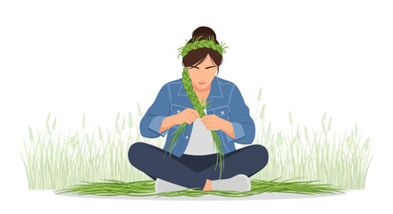 Illustration of a young woman weaving a wreath of grass, capturing rural artistry and peaceful outdoor activities