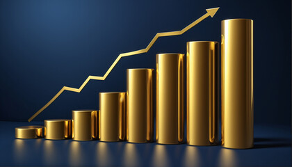 [Golden business growth chart with upward arrow on a blue background.]