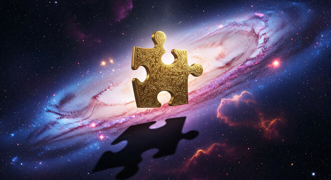 Golden Puzzle Piece Floating Over Galactic Nebula Cosmic Background
