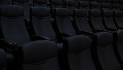 Obraz premium Rows of Empty Black Leather Theater Seats Awaiting Audience and Show Time Entertainment Experience and Cinematic Adventure