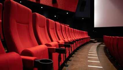 Rows of Comfortable Red Seats in a Modern Movie Theater Auditorium Awaiting Guests for a Cinematic Experience Ready for Show Time with a Large Screen