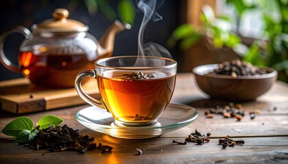 Close up of a glass cup filled with tea leaves steaming with teapot on a wooden table with brown leaves