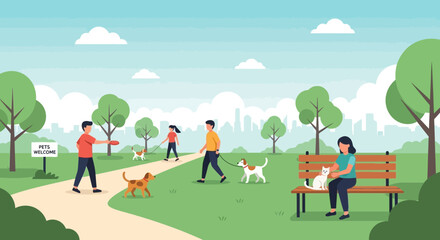 Illustration of people enjoying a sunny day with their pets in a city park  happy scene