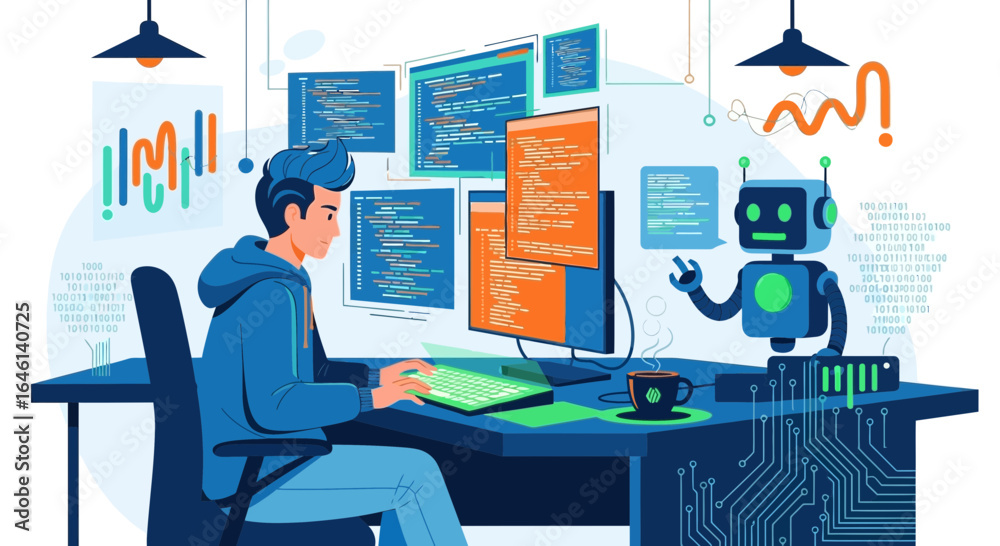 Wall mural illustration of a programmer coding with the help of an ai assistant in a modern setting