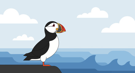Obraz premium Illustration of a puffin standing on a rock overlooking the ocean on a sunny day