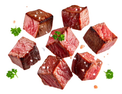 Grilled Steak Cubes with Sea Salt Crystals and Parsley Leaves, Artistic Floating Arrangement, Isolated