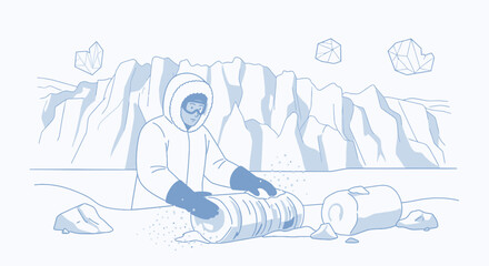 Obraz premium Illustration of a Scientist Collecting Ice Core Samples in Antarctica for Climate Research and Analysis