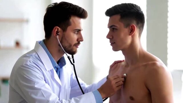 A young doctor uses a stethoscope to examine a patient&rsquo;s breathing, captured in a cinematic close-up with dramatic lighting, highlighting attentive care, professional skill, and clinical precision