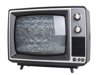 Old Metal-Framed Vintage TV with Static Screen, Angled Side View, Isolated