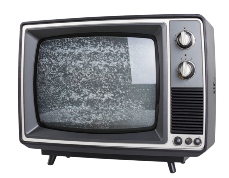 Old Metal-Framed Vintage TV with Static Screen, Angled Side View, Isolated