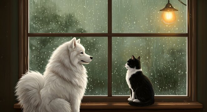 A fluffy dog and a black cat watch snow fall outside a window
