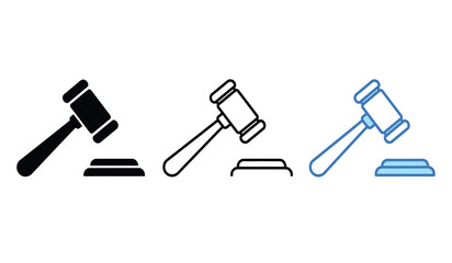 Three Gavel Icons in Black Outline and Blue Representing Law Justice Auction and Legal Proceedings on a Clean White Background for Versatile Use