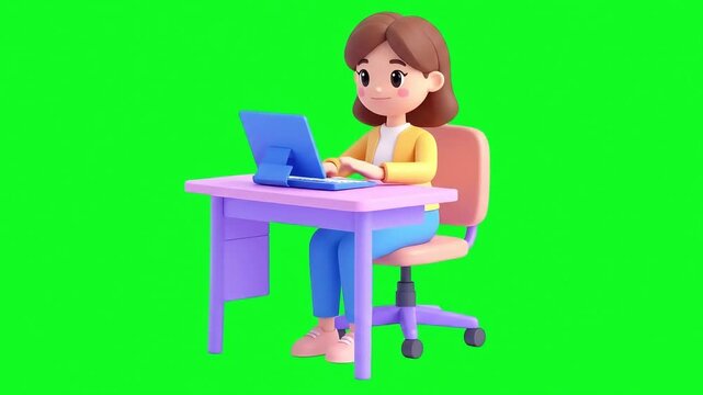 A cartoon woman is working on a laptop at a desk, sitting in a chair with a bright green background for easy editing. - Powered by Adobe