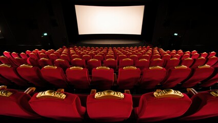 Fototapeta premium Spectacular movie theater with plush red velvet seats and a bright blank screen ready for the film projection creating anticipation and cinematic atmosphere