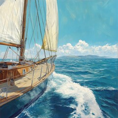 Fototapeta premium Classic Yacht Sailing. Serene Ocean Voyage, Impasto Painting Style, Sunny Day