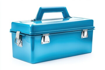 Turquoise plastic toolbox with metal latches isolated on white background