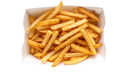 Crispy french fries in a white paper container isolated on transparent background