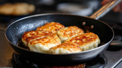 Deliciously golden-brown dumplings sizzle in a frying pan, showcasing a crispy exterior and inviting filling, ready to be served.