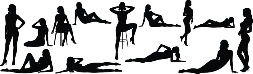 Human pose silhouette vector, diverse body positions illustration, standing sitting lying graphic, gesture clipart, CAD drawing flat vector illustration