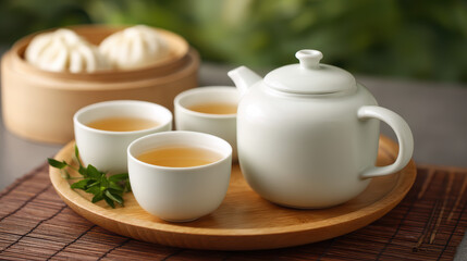 A serene tea setting featuring a white teapot, cups, and dumplings on a wooden platter, surrounded by lush greenery.